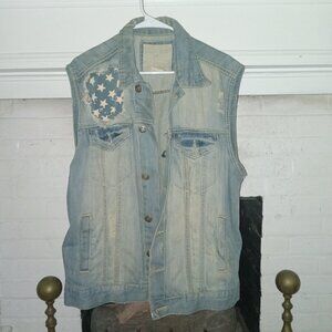 Vintage Distressed Denim Vest w/ American Flag Back Patch